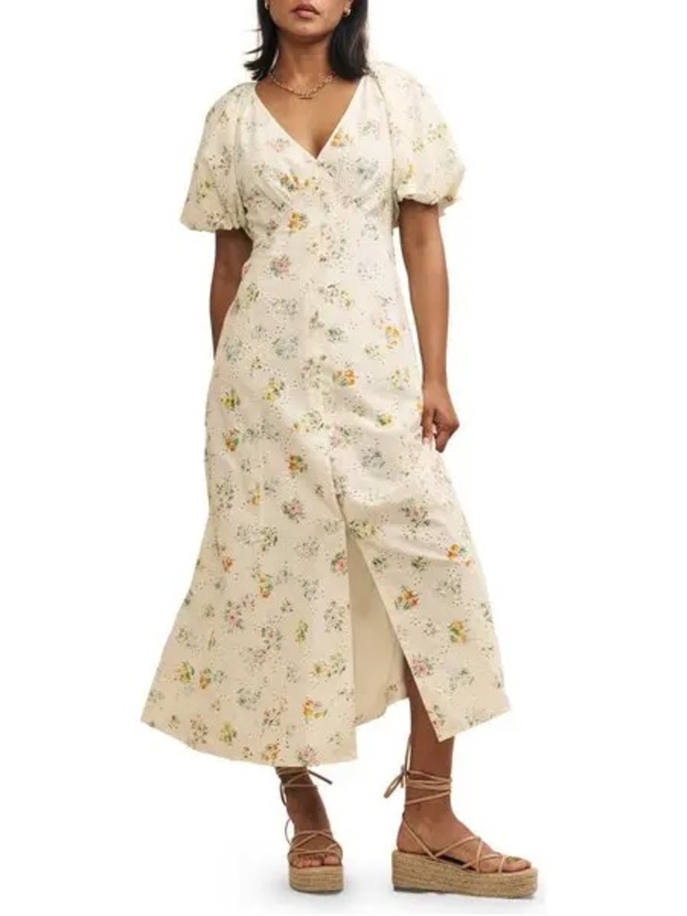 Nobody’s Child Cream Floral V-Neck Maxi Dress with Puff Sleeves
